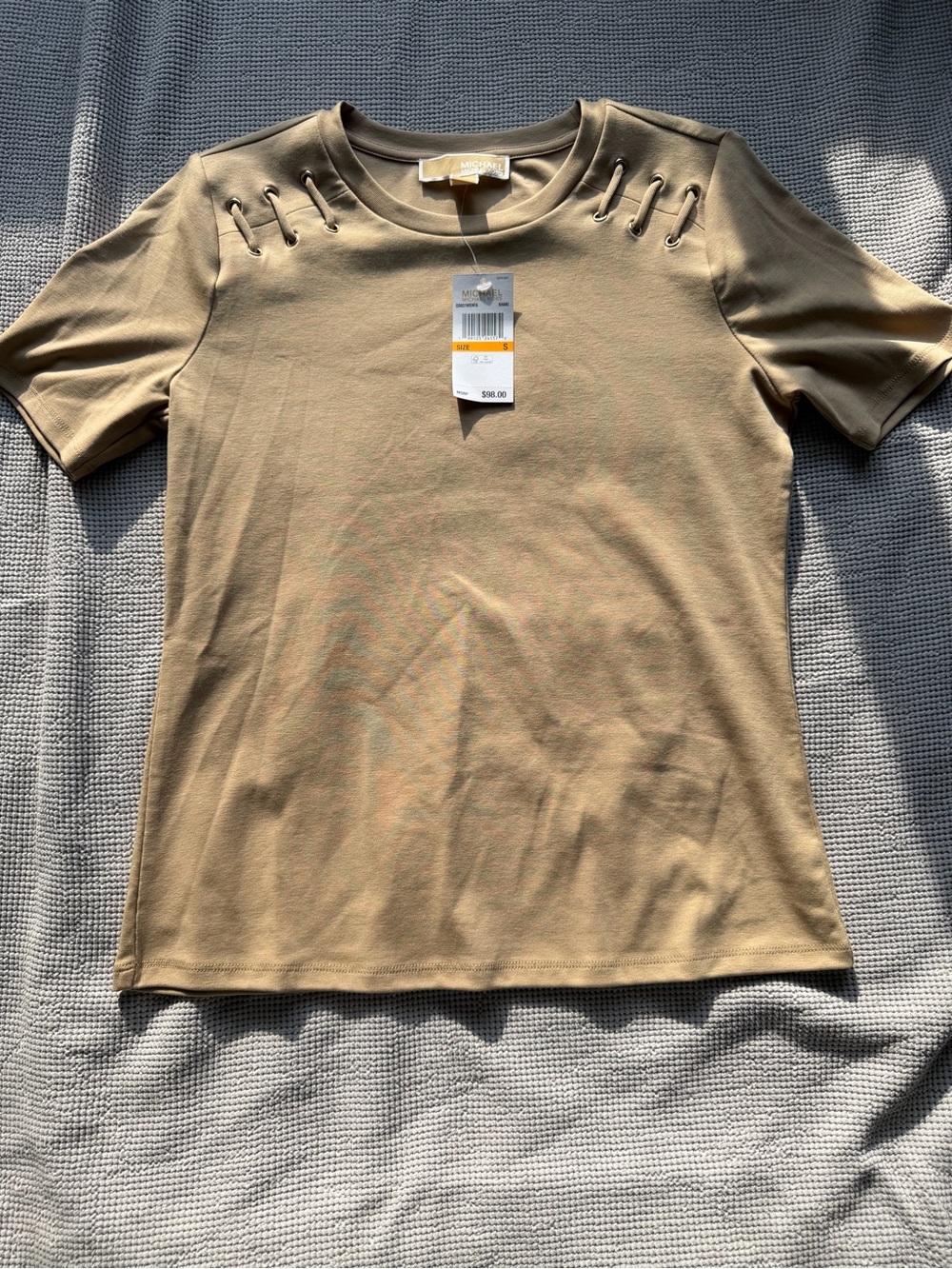 Michael Kors Olive-Tan Short Sleeve Tee with Shoulder Grommet Detail